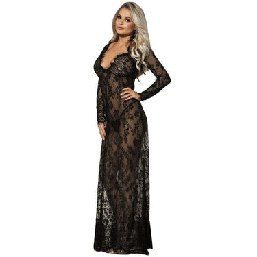 Abito lungo nero sensuale con lacci floreali ed eleganza sublimata